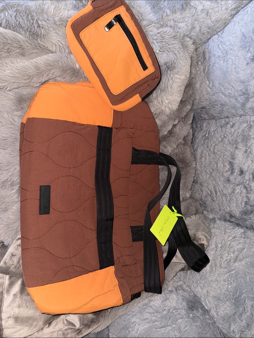 Orange and Brown Quilted Tote Bag with Pouch